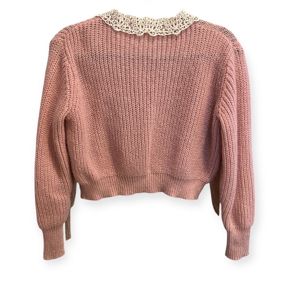 Pink Cropped Cardigan Pearl Button Lace Collar Coquette Cottagecore Womens Small - Picture 3 of 5